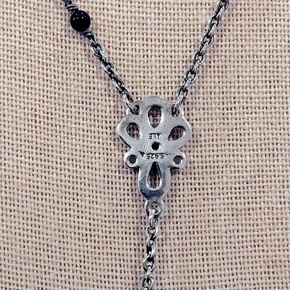 PANDORA Sincerity Sterling Silver Y Drop Mother of Pearl Onyx Station Necklace - Picture 4 of 12